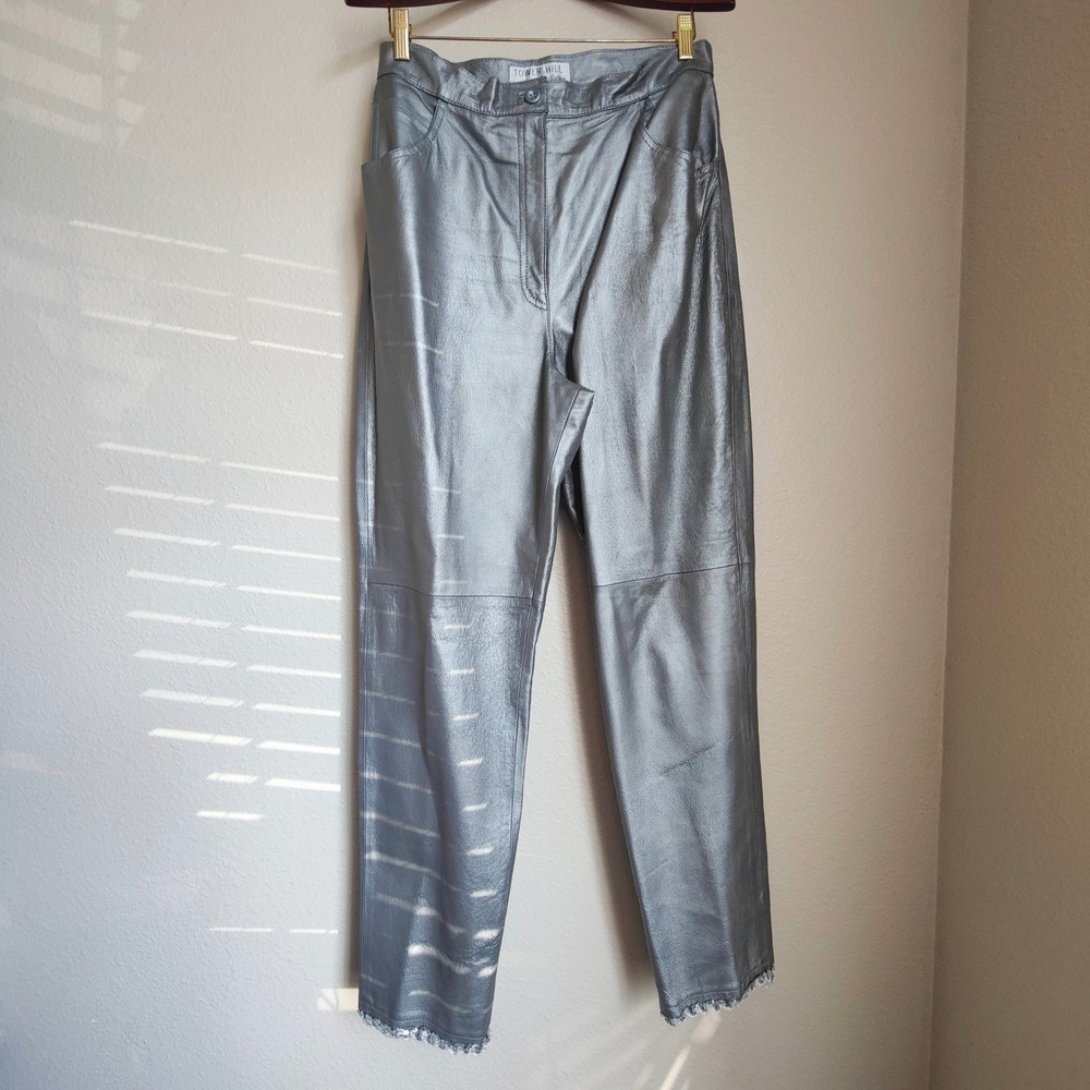 Vintage 90s Metallic Silver Leather Pants High Waist Sequin 14 TALL Glam Party